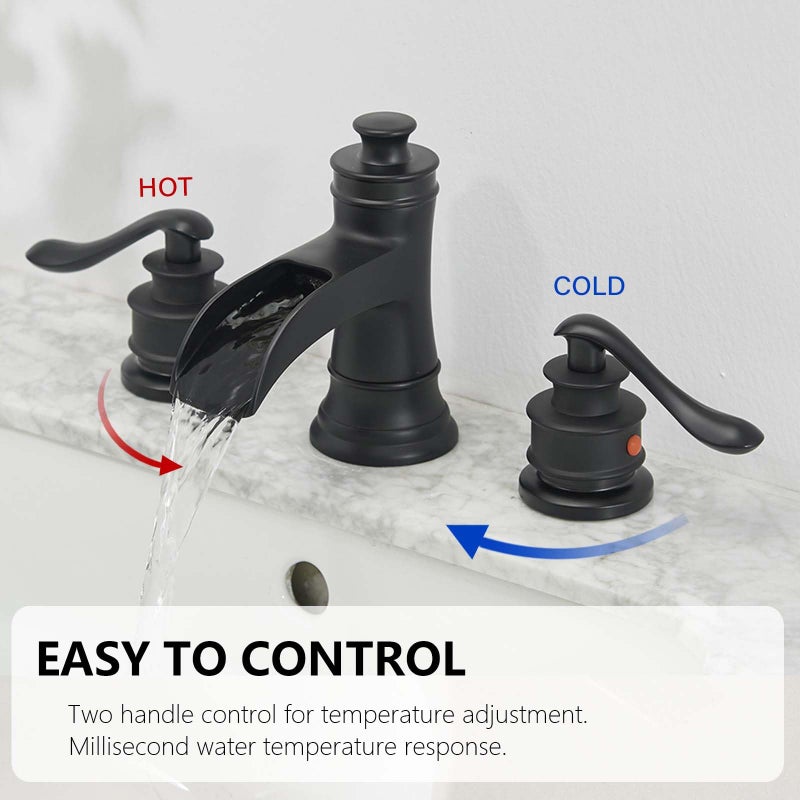 BATHLAVISH Black Widespread Bathroom Faucet, Bathroom Sink Faucet 3 Hole, Waterfall Spout Farmhouse 2 Handle 8 Inch Lavatory Vanity with Pop Up Drain with Overflow - Image 2